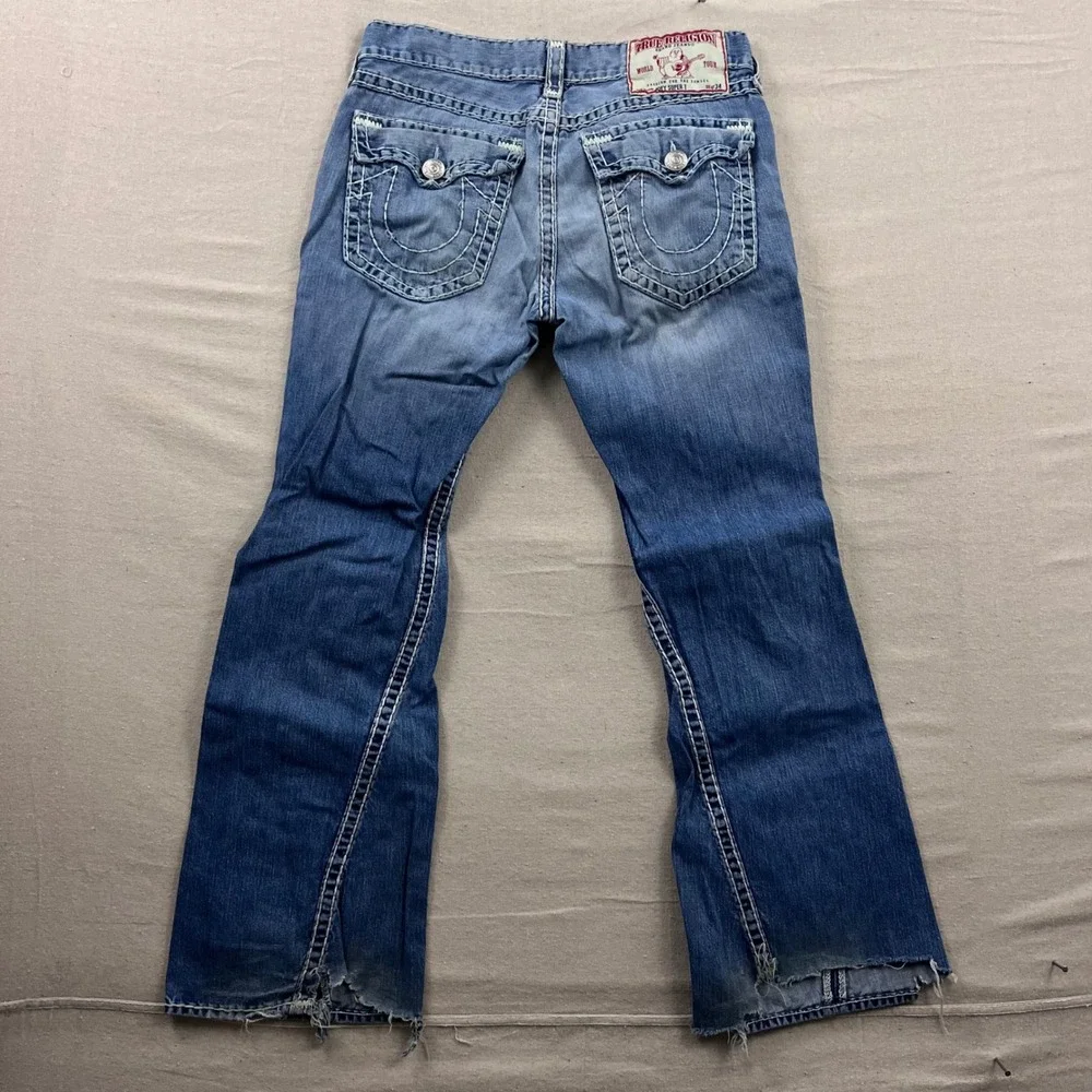True Religion Joey‎ Super T Jeans Mens 36 Blue Distressed Flare Twisted Seam Low